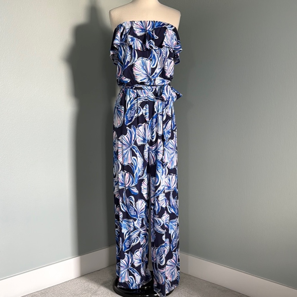 Lilly Pulitzer Ruffled Strapless Aleatha Jumpsuit Bright Navy in Reel Life